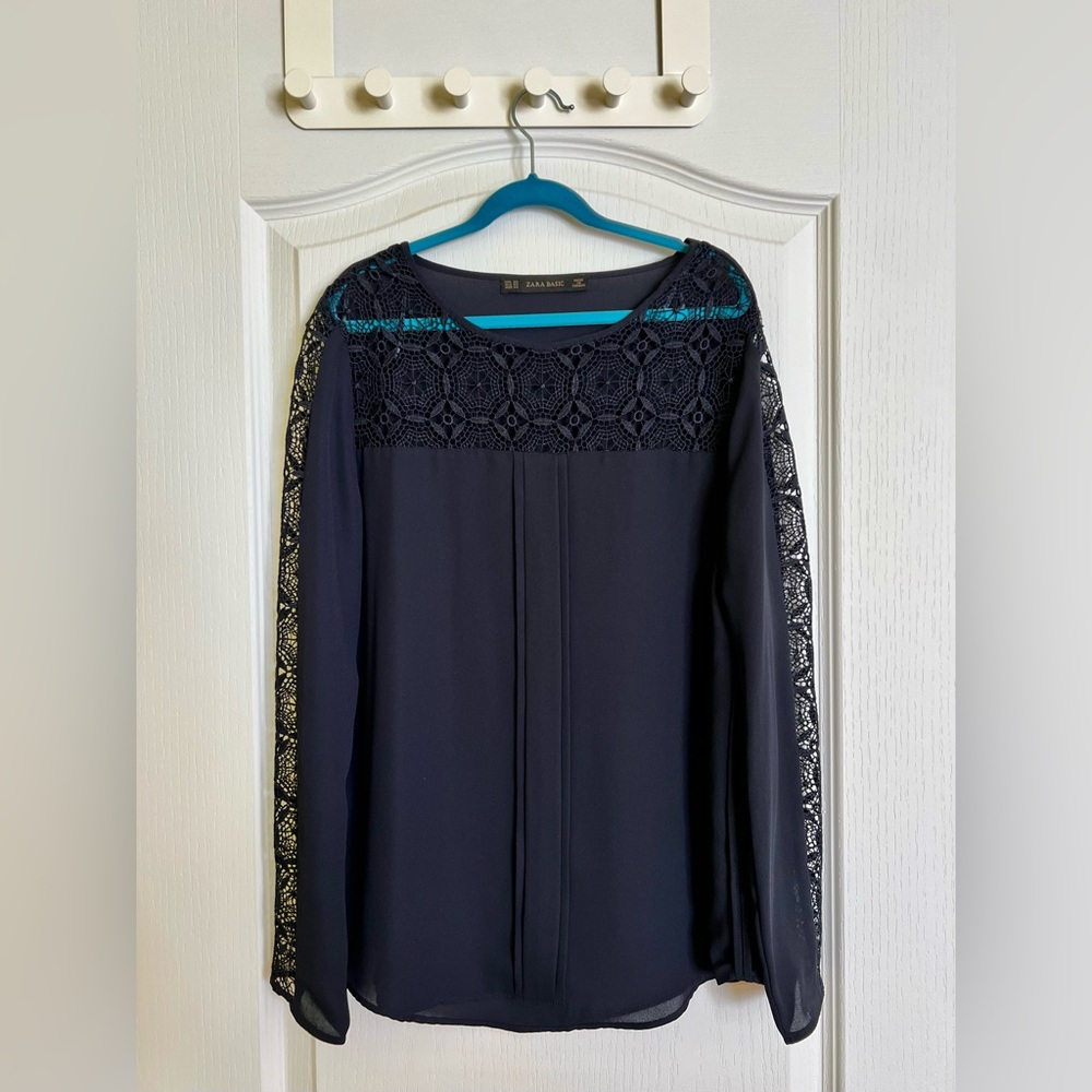 Zara Black Long Sleeve Crew Neck Top